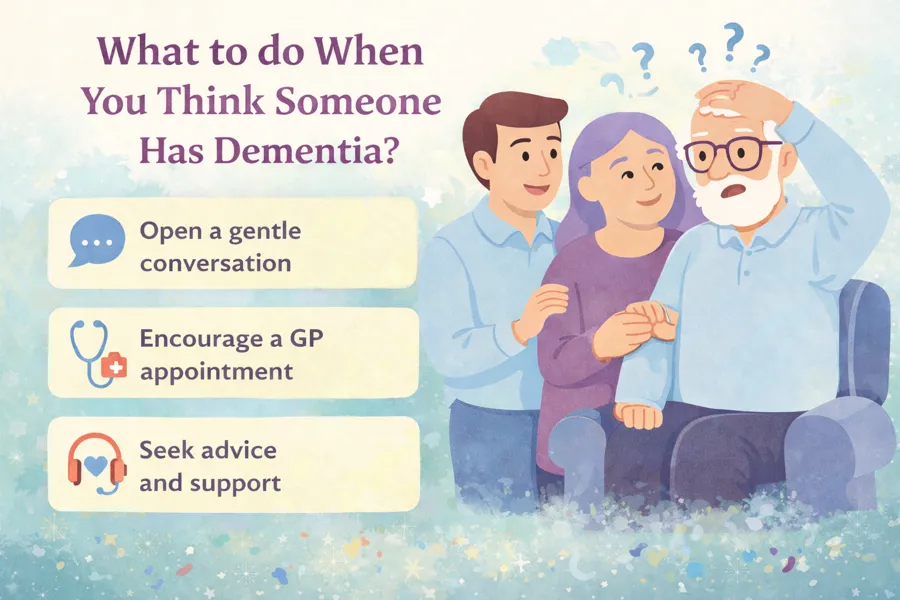 Illustration of a family comforting an older man who looks worried