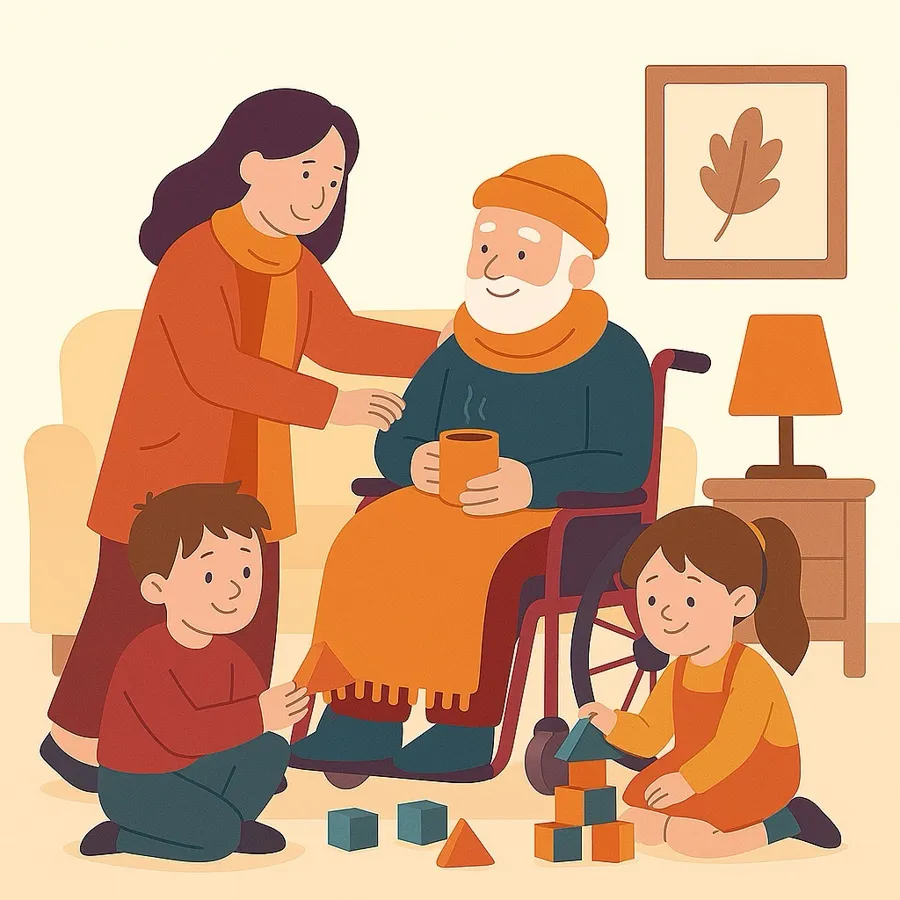 Illustration of a mother caring for her father in a wheelchair while two young children play beside them
