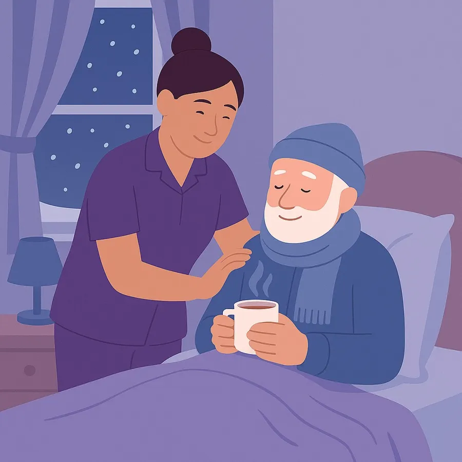 Illustration of a carer bringing a hot drink to an older man resting in bed