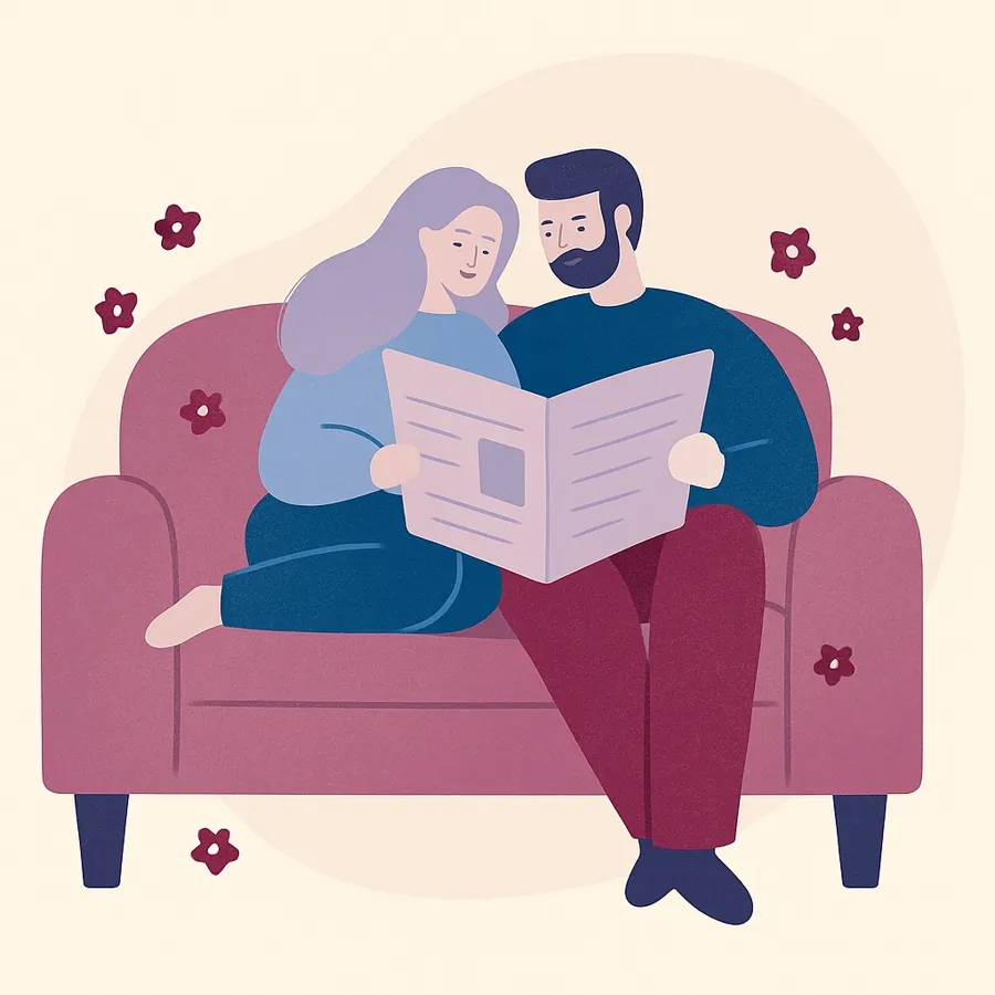 Illustration of an older couple reading a newspaper together on a sofa