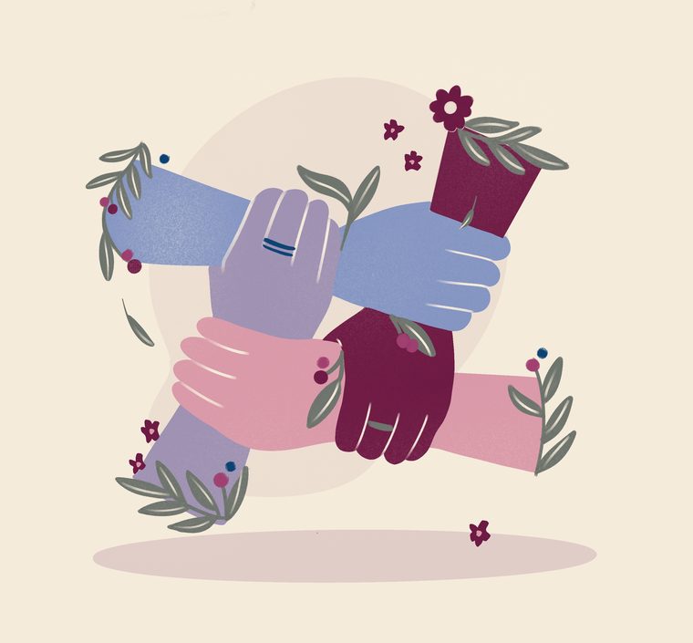 Illustration of hands of different colours joined together in a circle