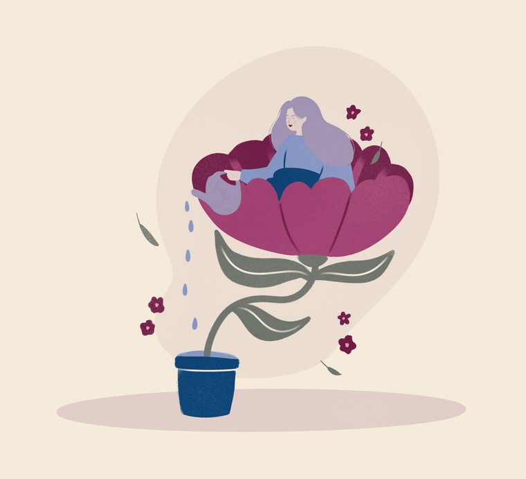 Illustration of a woman resting peacefully inside a flower